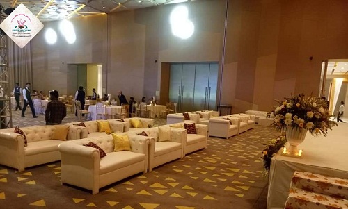 Lounge seating laid out in a banquet hall