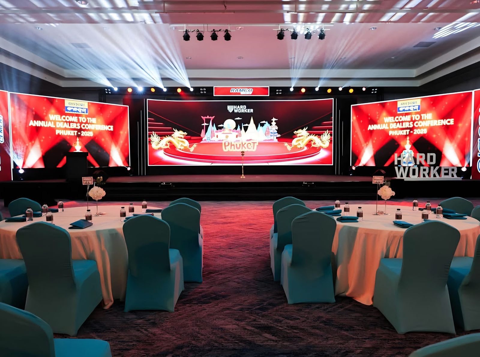 Dealer conference hall set for dinner